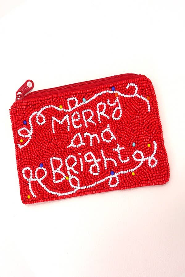 CHRISTMAS HOLIDAY SEED BEAD POUCH COIN PURSE | MERRY AND BRIGHT
