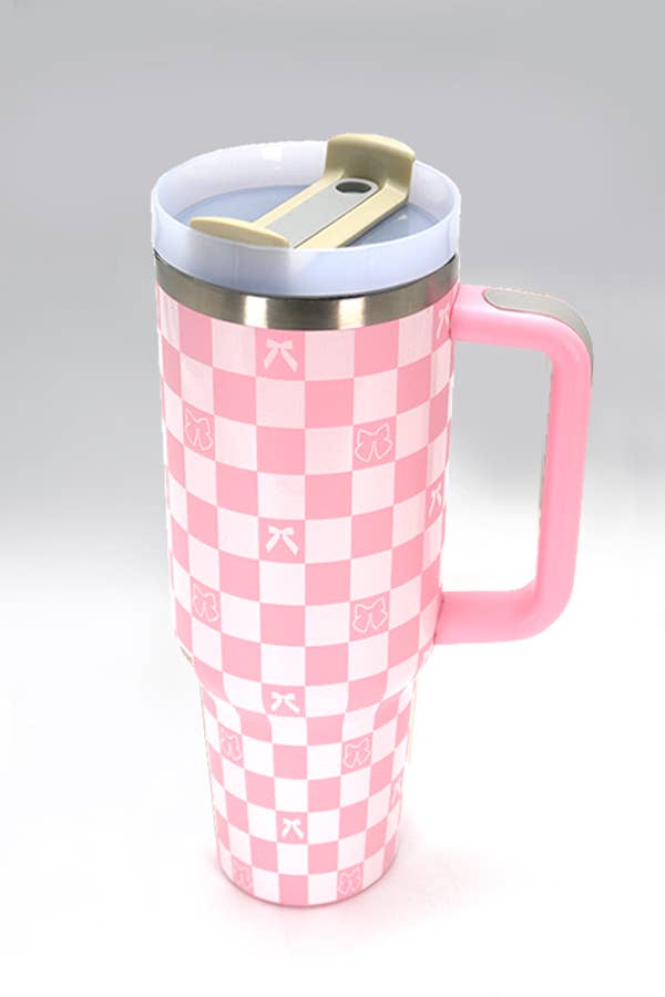 40oz STAINLESS STEEL TUMBLER BOW CHECKER PINK