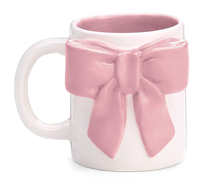 LARGE PINK BOW ON WHITE CERAMIC MUG