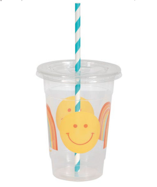 Groovy Plastic Cups w/ Straws & Lids - 4ct