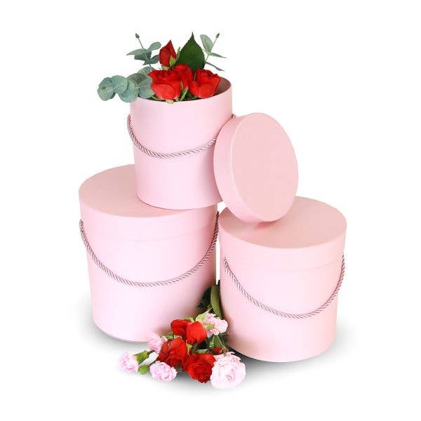 Simple Solid Color Round Hat Flower Box with Lid: Pink / Small