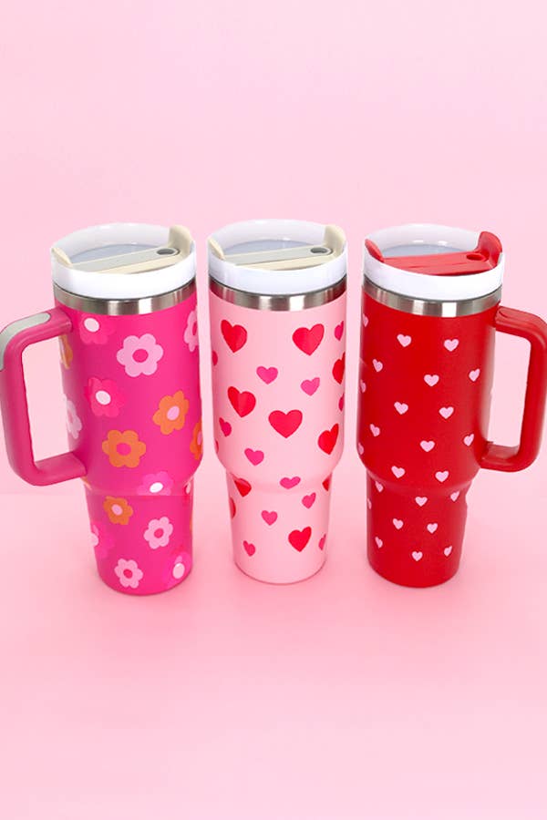 40oz STAINLESS STEEL TUMBLER HEART & DAISY: HEART PINK