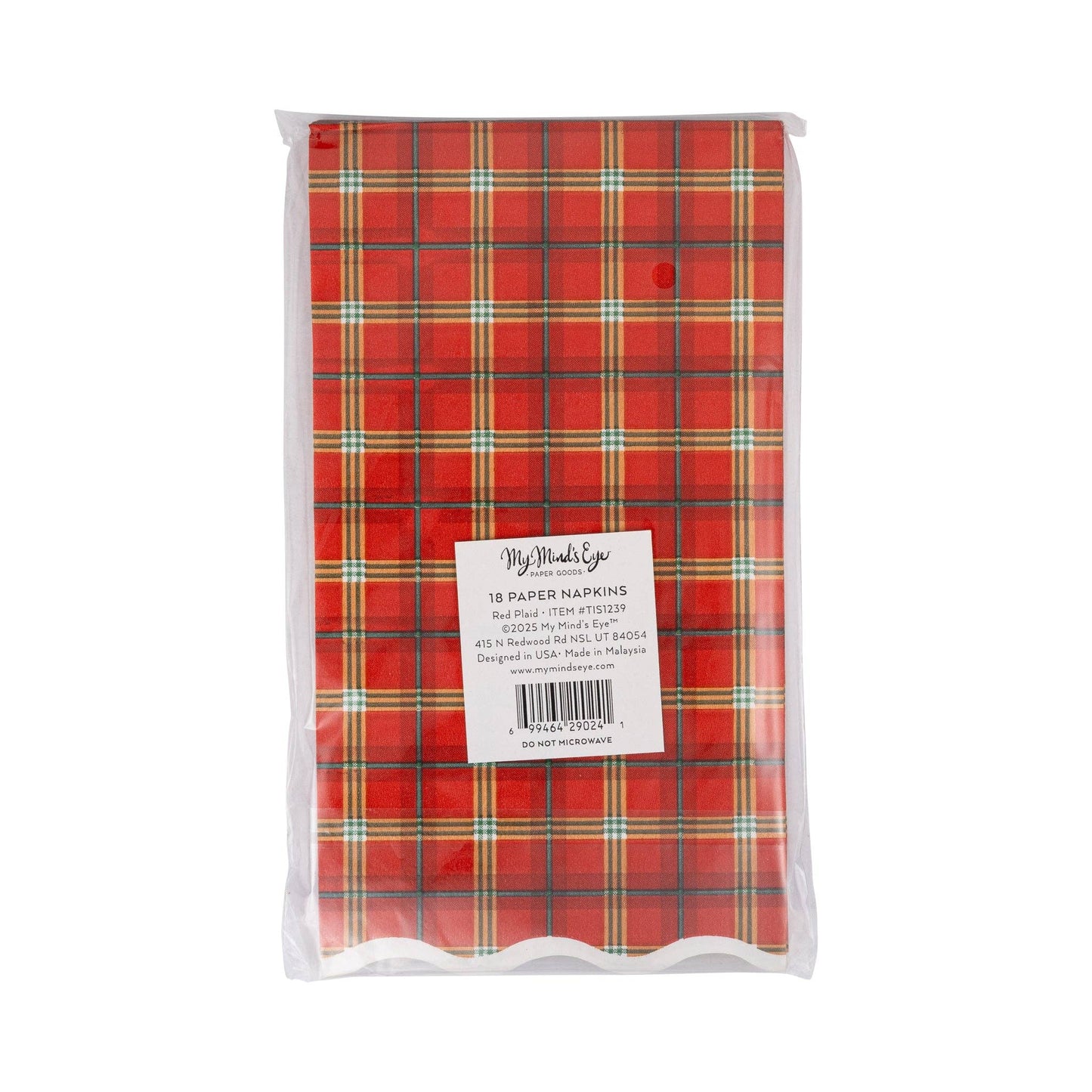 TIS1239 - Red Plaid Gold Foiled Scalloped Dinner Napkin