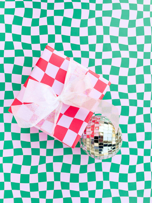 Christmas Checkered Wrapping Paper - Roll of 3 Sheets: Pink/red