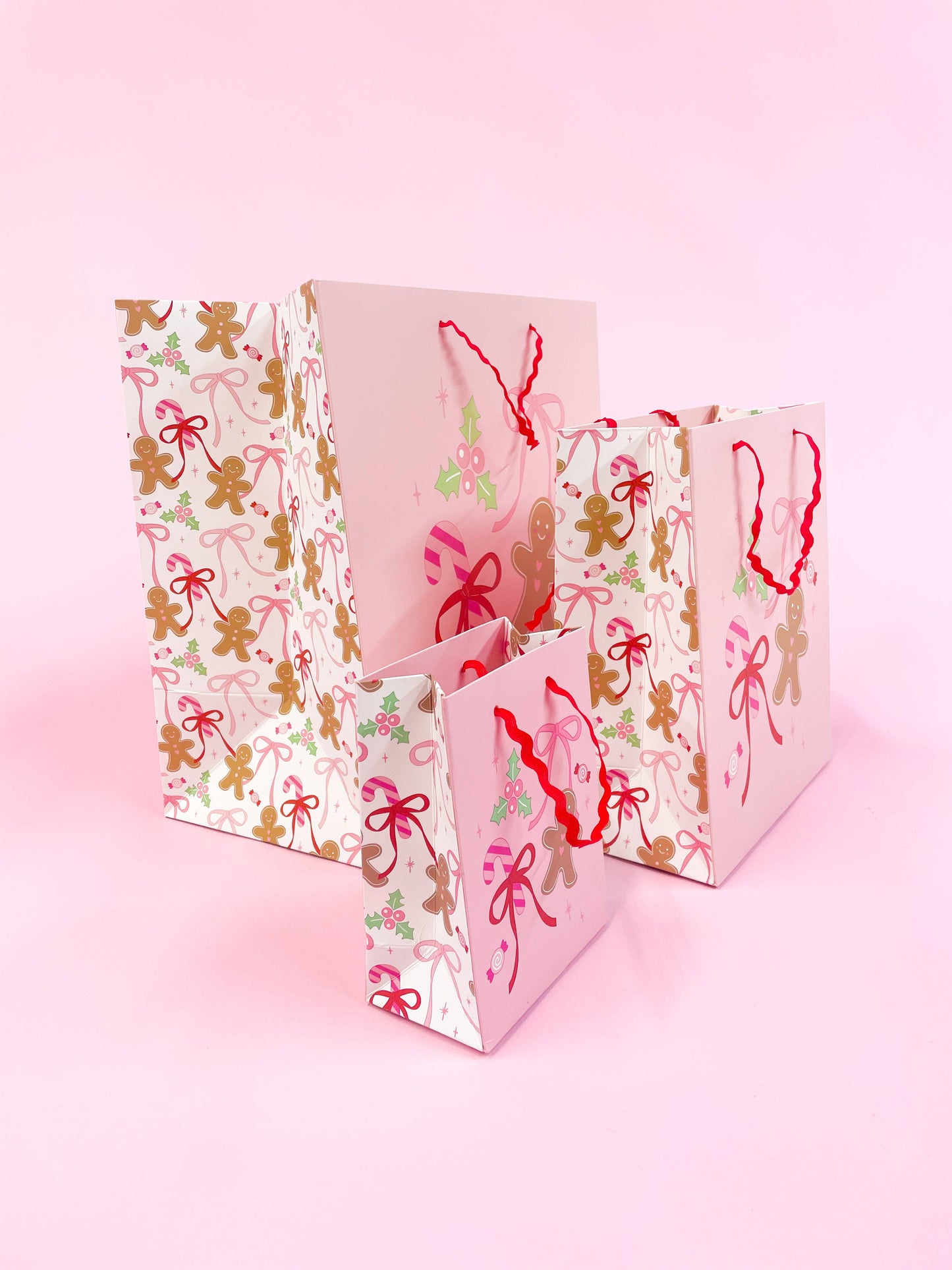 Pink Christmas Gingerbread Bows Gift Bag: Small