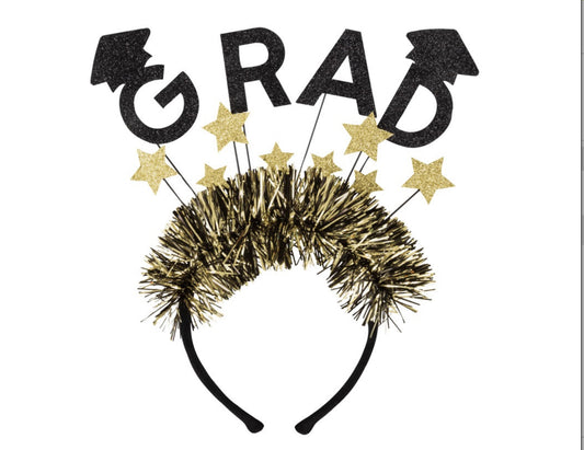 Black and Gold "Grad" Star Felt Headband with Tinsel Fringe