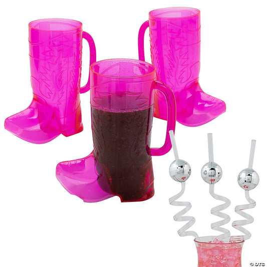 Pink Cowboy Boot Mug & Disco Ball Silly Straw