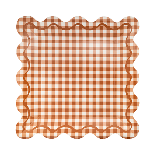 GBL1343 - Rust Gingham Scalloped Square Paper Plates