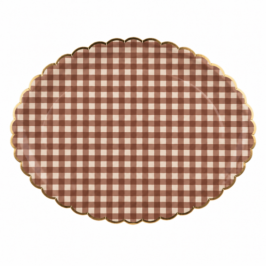 PLPP171 - Brown Gingham Gold Scalloped Fall 17" Paper Serving Platters 6ct