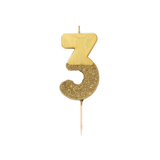 Gold Glitter Number 3 Candle