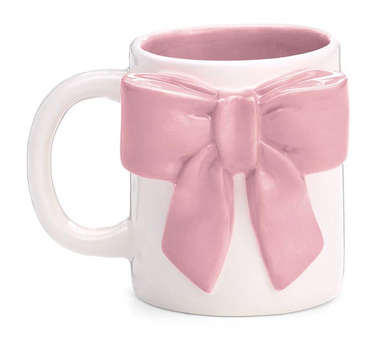 LARGE PINK BOW ON WHITE CERAMIC MUG
