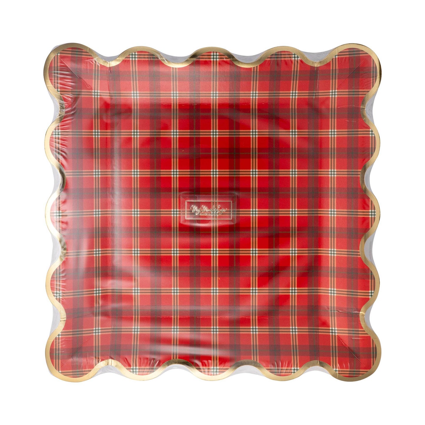 TIS1241 - Red Plaid Square Gold Edge Scalloped Plate