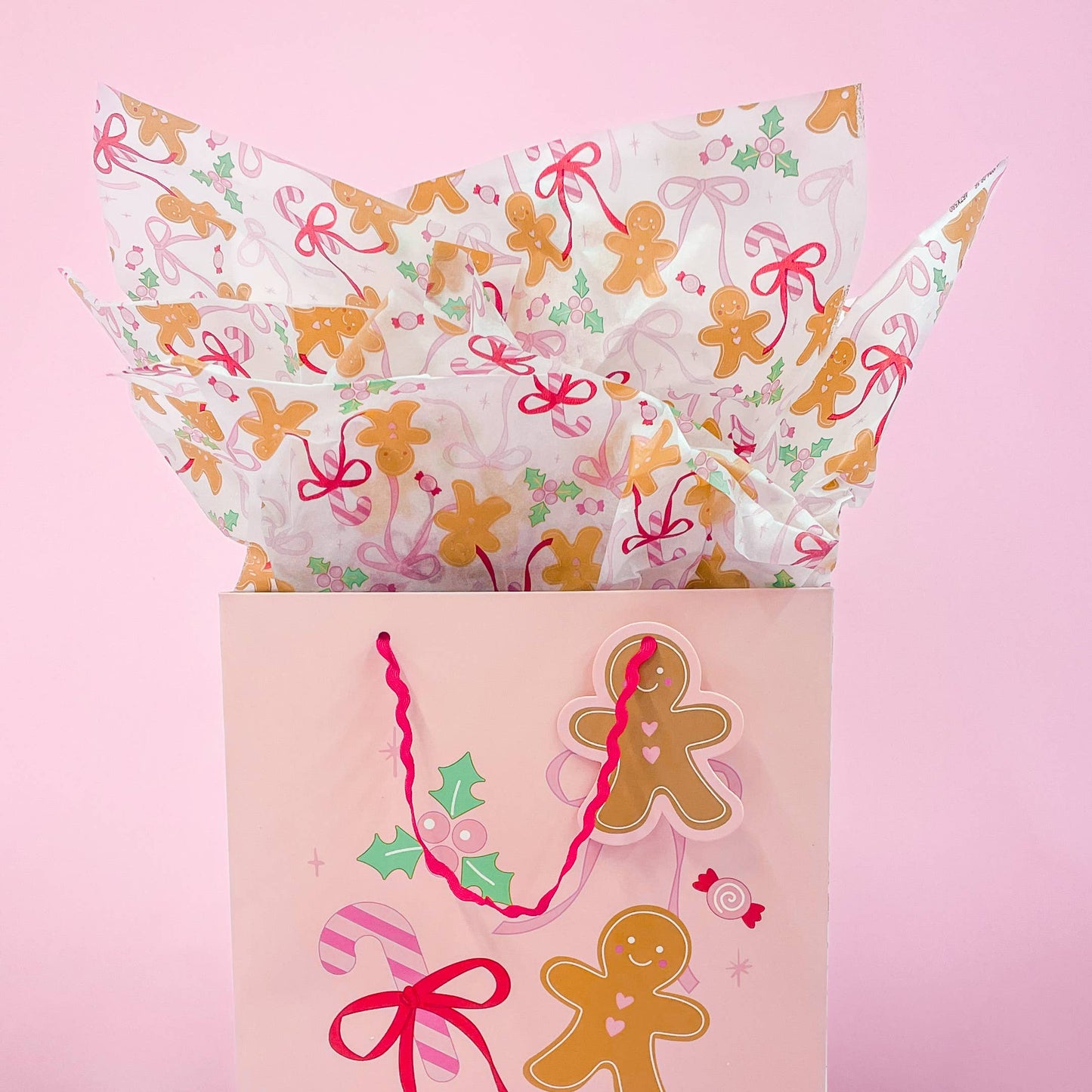 Pink Christmas Gingerbread Bows Gift Bag: Medium