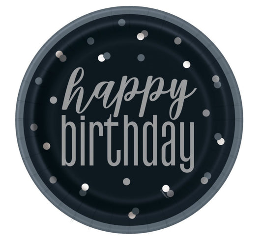 Black Confetti Birthday Plates 9”