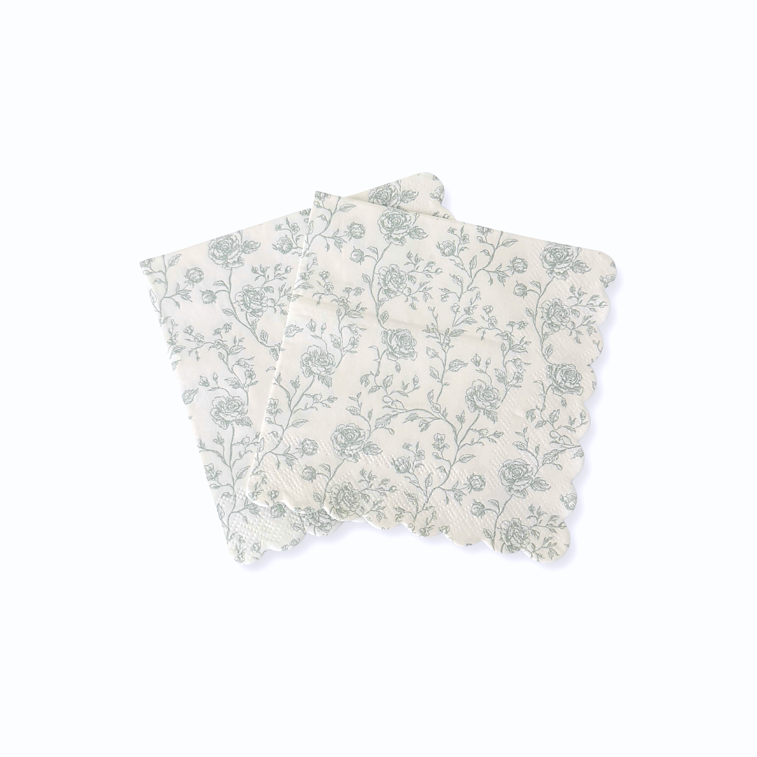 Baby Blue Floral Toile Scalloped Cocktail Napkins, 12pcs