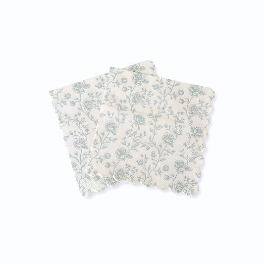 Baby Blue Floral Toile Scalloped Cocktail Napkins, 12pcs