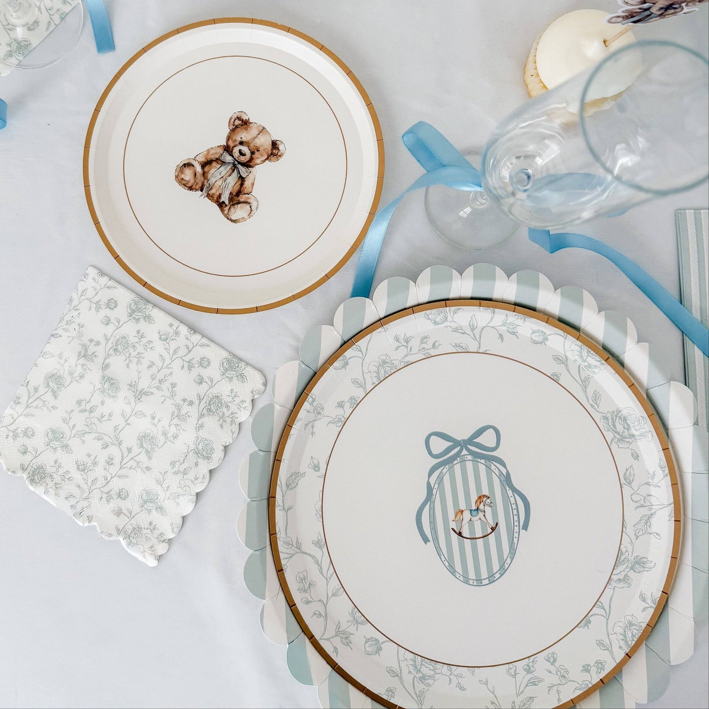Baby Blue Floral Toile Scalloped Cocktail Napkins, 12pcs